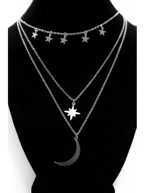 Toptan Gümüş Renk Kutup Yıldızı Ve Hilal Figürlü Çok Katmanlı Kombin Kolye 960