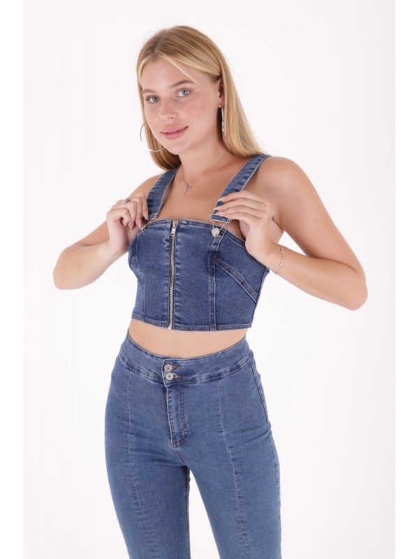 Önü Fermuarlı Büstiyer Koyu Mavi Kot