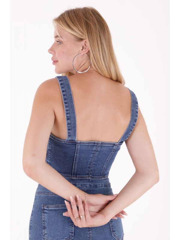 Önü Fermuarlı Büstiyer Koyu Mavi Kot