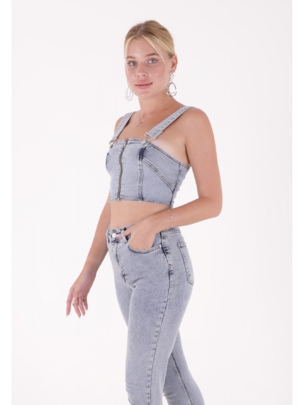 Önü Fermuarlı Büstiyer Kar Yıkama Açık Mavi