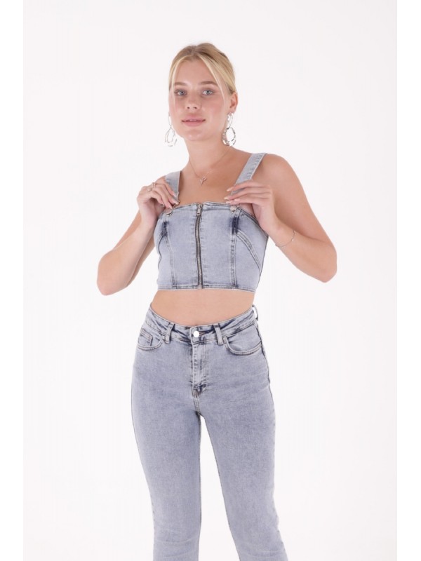 Önü Fermuarlı Büstiyer Kar Yıkama Açık Mavi