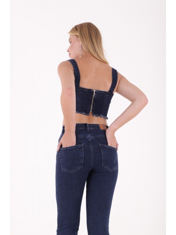 Püsküllü Kot Büstiyer Düz Koyu Rins