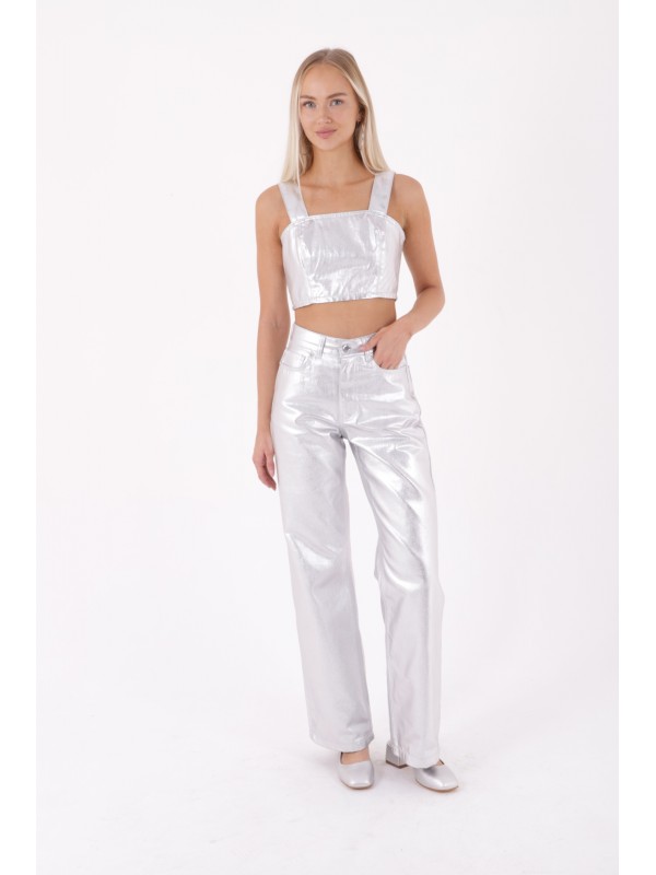 Fermuarlı Askılı Kot Büstiyer Gümüş