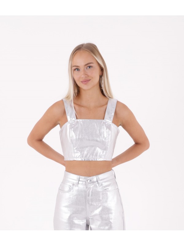 Fermuarlı Askılı Kot Büstiyer Gümüş