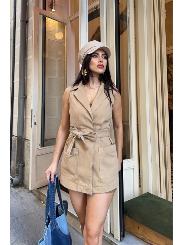 Kuşaklı Kruvaze Yaka Yelek Camel